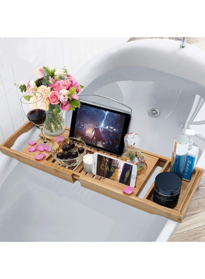 تودي جي هو الخيزران حوض الاستحمام علبة قابلة للسحب / قابلة للتعديل حوض الاستحمام علبة صابون حامل جزء قابل للسحب مع القراءة موقف أو حامل اللوح - Image 3