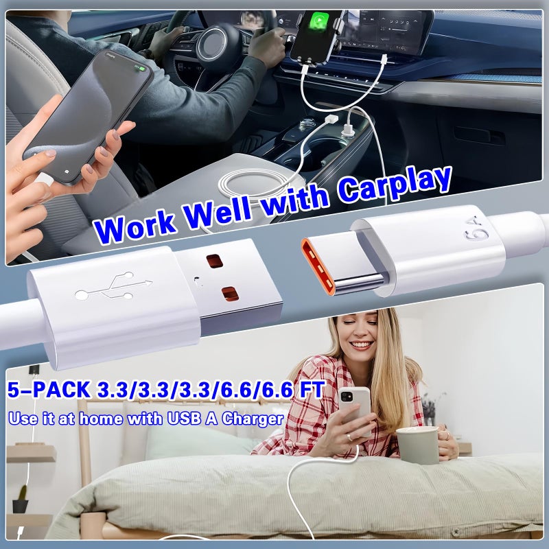 Gartmost 5pack USB A to C Cableã€5 * 6 Ftã€‘ Fast Charging 6A Quick Charger Cord, Compatible with iPhone 17/16/15,Samsung Galaxy S10 S9 S8 Plus, Note 10 9 8, LG V50 V40 G8 G7 (White) - Image 5