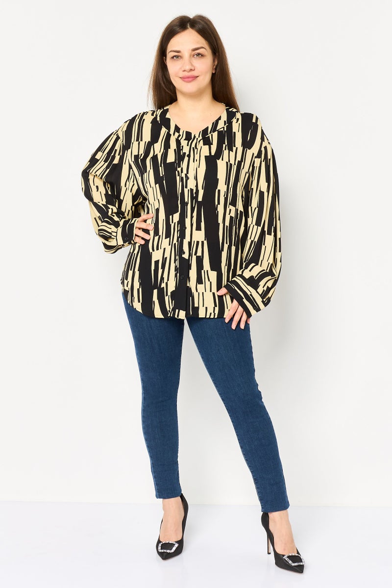 DKNY Women Band Collar Long Sleeve Allover Print Shirt, Multicolor - Image 2