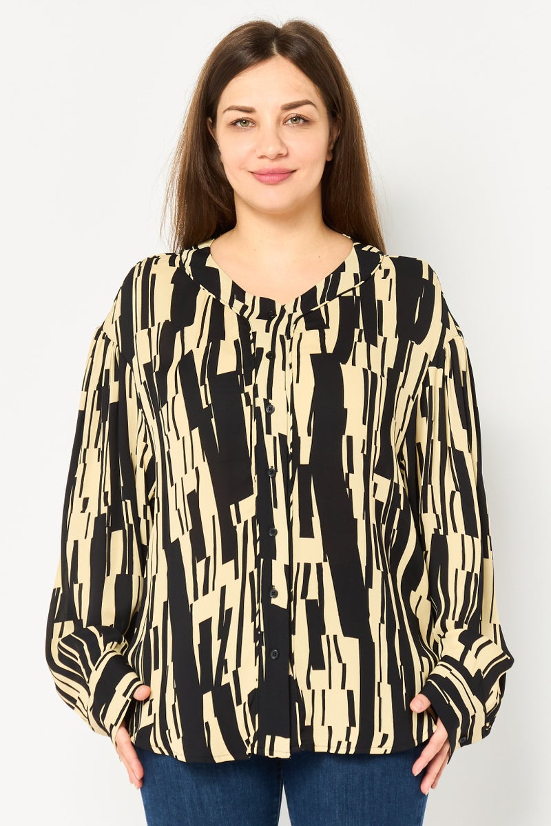 DKNY Women Band Collar Long Sleeve Allover Print Shirt, Multicolor - Image 1