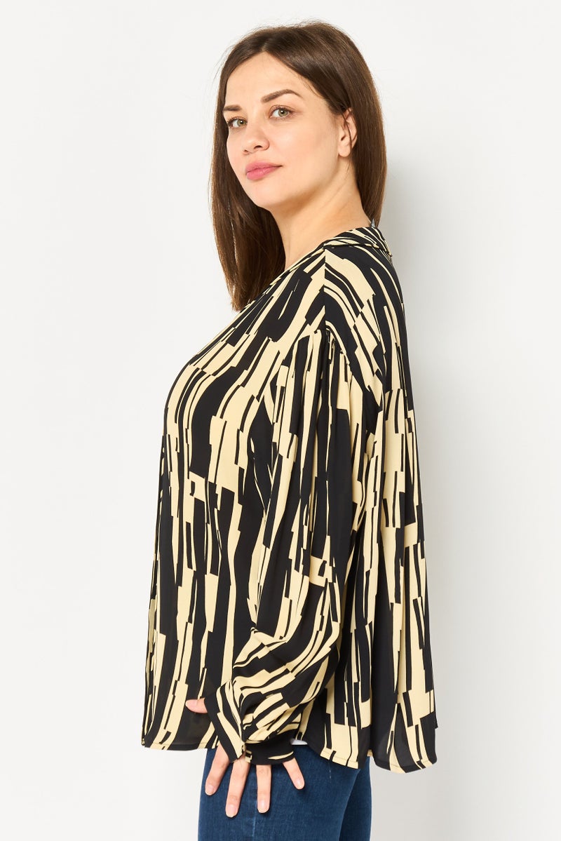 DKNY Women Band Collar Long Sleeve Allover Print Shirt, Multicolor - Image 3