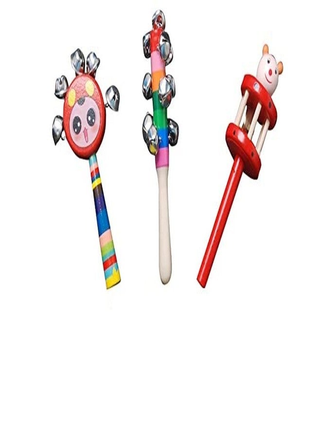 Shopfleet Set of 3 Wooden Rattle Set ( 1 Round Face Rattle, 1 Cage Rattle and 1 Bell Rattle) Multicolor - Image 1