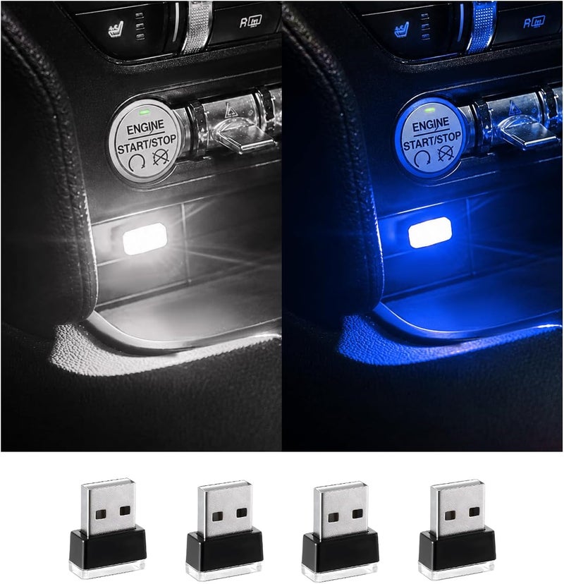 Augeny 4 PCS USB LED Car Interior Atmosphere Lamp, Plug-in USB Decor Night Light, Portable Auto Ambient Lighting Kit, Universal Vehicle Interior Accessories for Most Cars (White & Blue) - Image 1