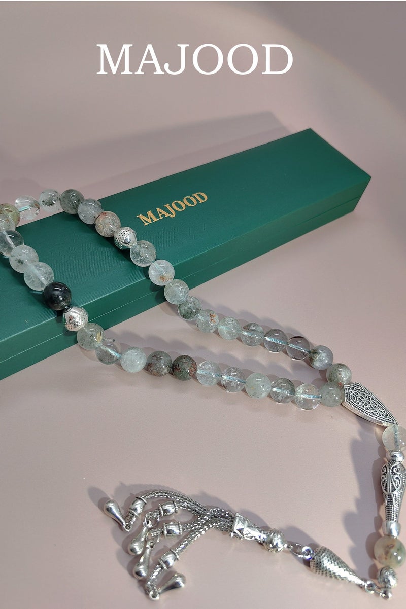 موجود 33 مسبحة صلاة من حجر فانتوم أخضر طبيعي/تسبيح/10 مم/للرجال والنساء/هدية رمضان - Image 2