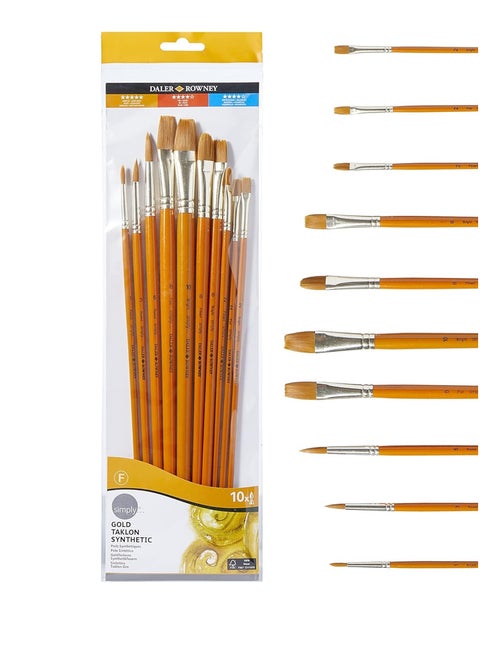 10-Piece Gold Taklon Synthetic Paint Brushes With Long Handles
