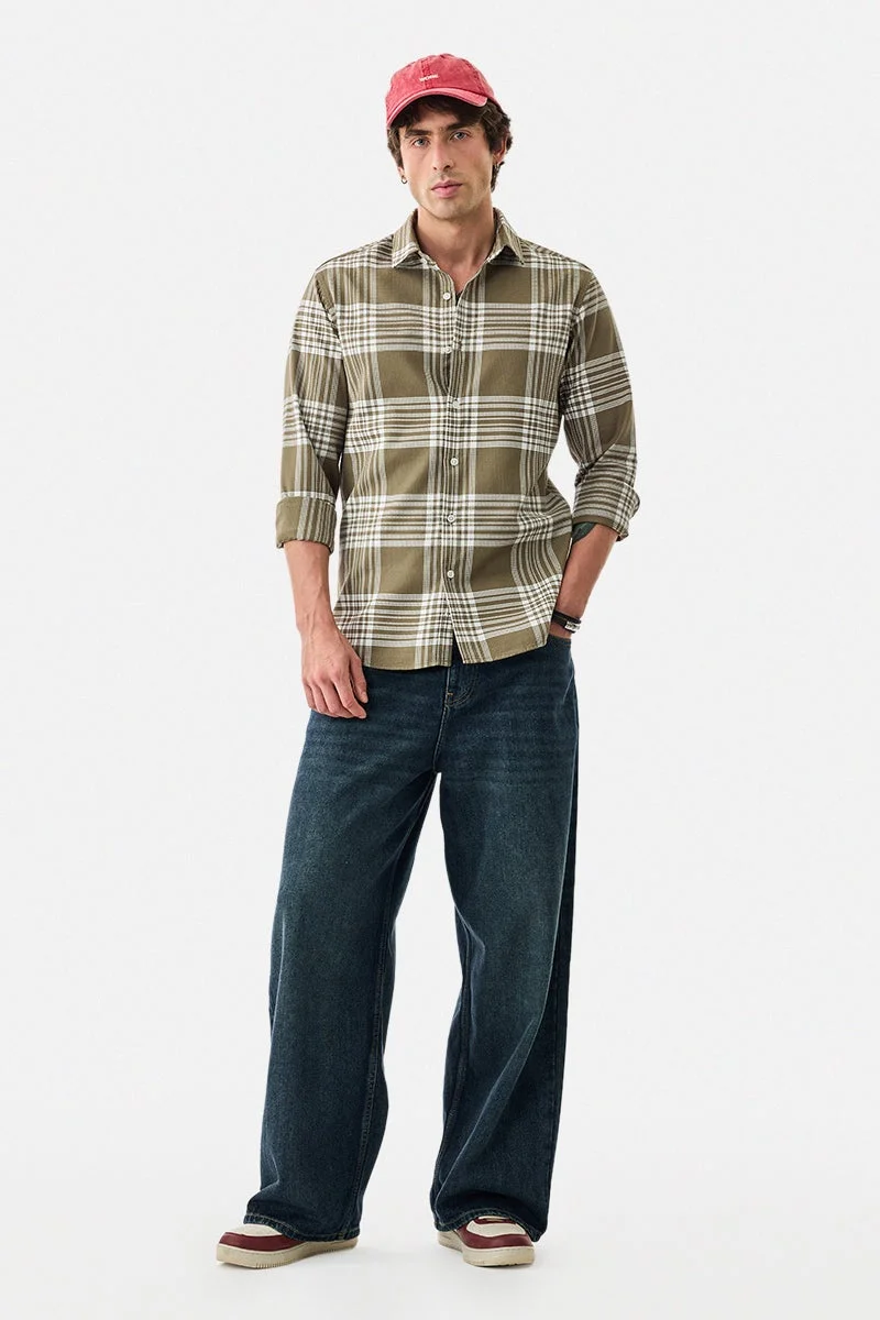 سنيتش Olive Checkered Long Sleeve Slim Fit Shirt