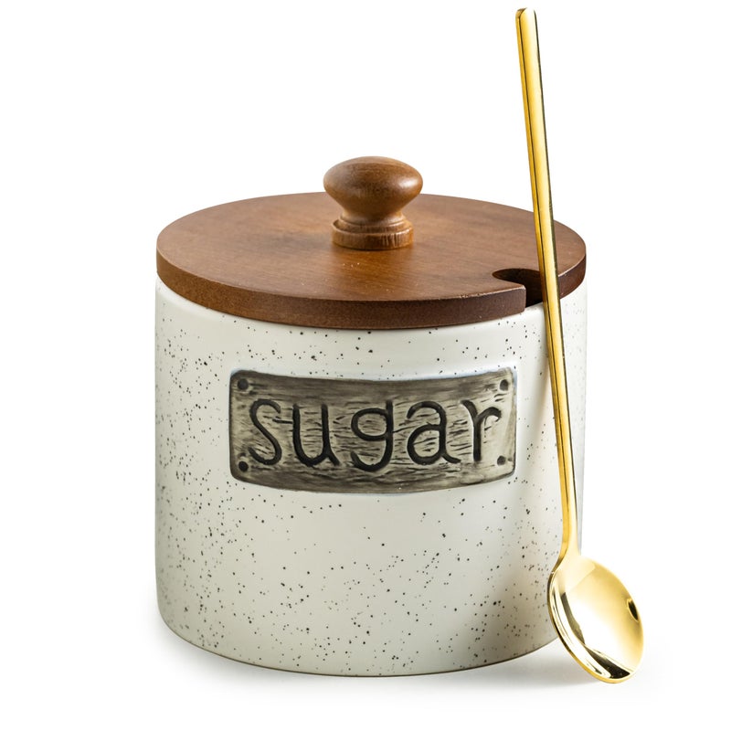 LYEOBOH Ceramic Sugar Bowl with Lid and Spoon, 15 OZ Sugar Holder for Coffee Bar Accessories, Sugar Jar for Countertop, Azucarera Farmhouse Home and Kitchen, White - Image 1