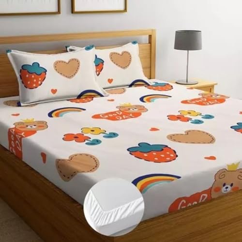 Purav Light Glace Cotton Flat Bedsheet 90x90 Inch| Cartoon Printed Bedsheet for Double Bed King Size Bed with 2 Pillow Covers (18x28 Inch)| Supersoft 340 TC| Breathable| Cream Color - Image 1