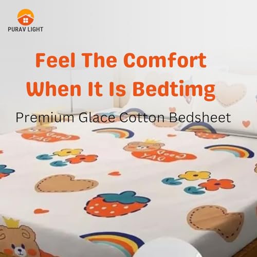 Purav Light Glace Cotton Flat Bedsheet 90x90 Inch| Cartoon Printed Bedsheet for Double Bed King Size Bed with 2 Pillow Covers (18x28 Inch)| Supersoft 340 TC| Breathable| Cream Color - Image 3