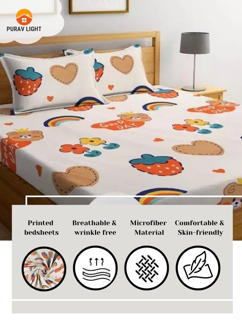 Purav Light Glace Cotton Flat Bedsheet 90x90 Inch| Cartoon Printed Bedsheet for Double Bed King Size Bed with 2 Pillow Covers (18x28 Inch)| Supersoft 340 TC| Breathable| Cream Color - Image 2