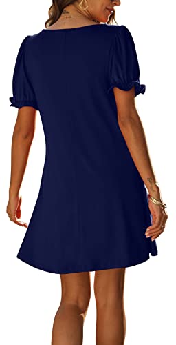 Aloodor Women's Dresses Casual Short Sleeve V-Neck Vintage Dress Navy XXL - Image 3