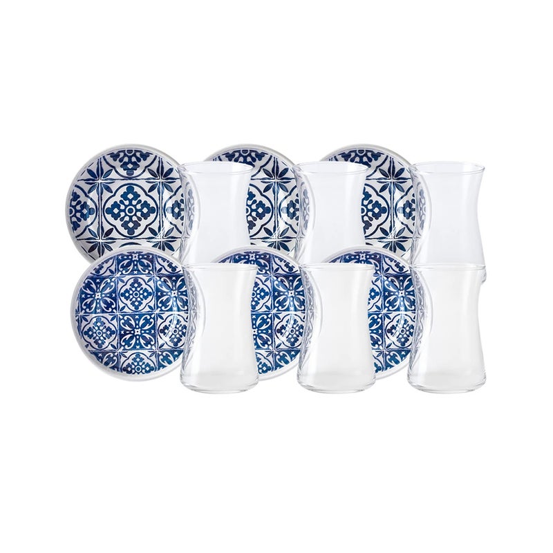 KARACA Mavili Turkish Tea Cups Set - 12 Piece Turkish Tea Glasses and Stoneware Saucers - Authentic Glass Drinking Sets for 6 People - Ideal Adult Teacup Set (170 ml) - Image 1