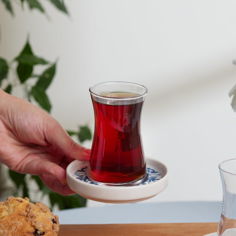 KARACA Mavili Turkish Tea Cups Set - 12 Piece Turkish Tea Glasses and Stoneware Saucers - Authentic Glass Drinking Sets for 6 People - Ideal Adult Teacup Set (170 ml) - Image 5