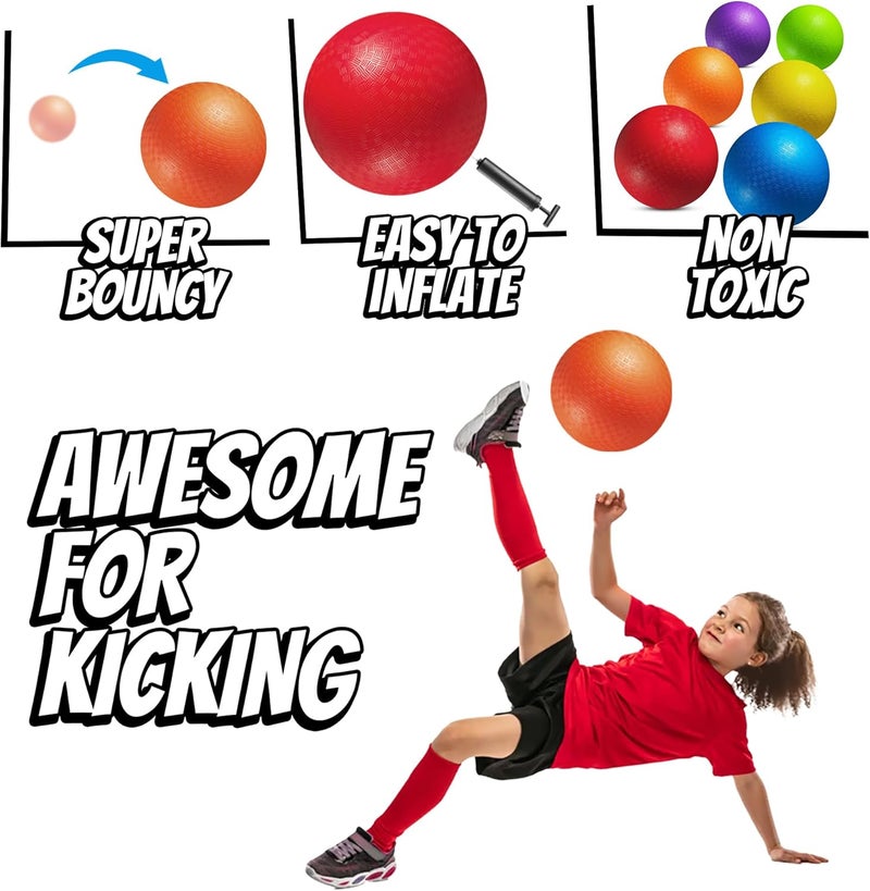 PlayBolt 10 Inch Kickball Playground Balls - (Pack of 6) Inflatable Rubber Indoor Outdoor Bouncy Balls for Adults & Kids - Dodgeballs, Kickballs, Four Square and Handballs for School, Gym, with Hand Pump - Image 5