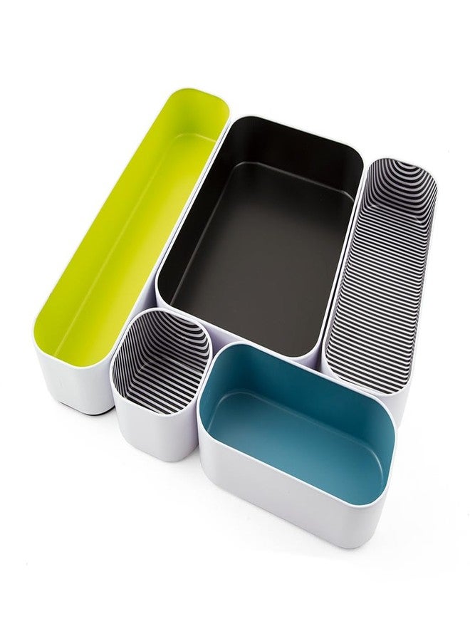 Three by Three Seattle 5 Piece Metal Organizer Tray Set for Storing Makeup, Stationery, Utensils, and More in Office Desk, Kitchen and Bathroom Drawers (2 Inch, Assorted Colors, Stripes) - Image 1