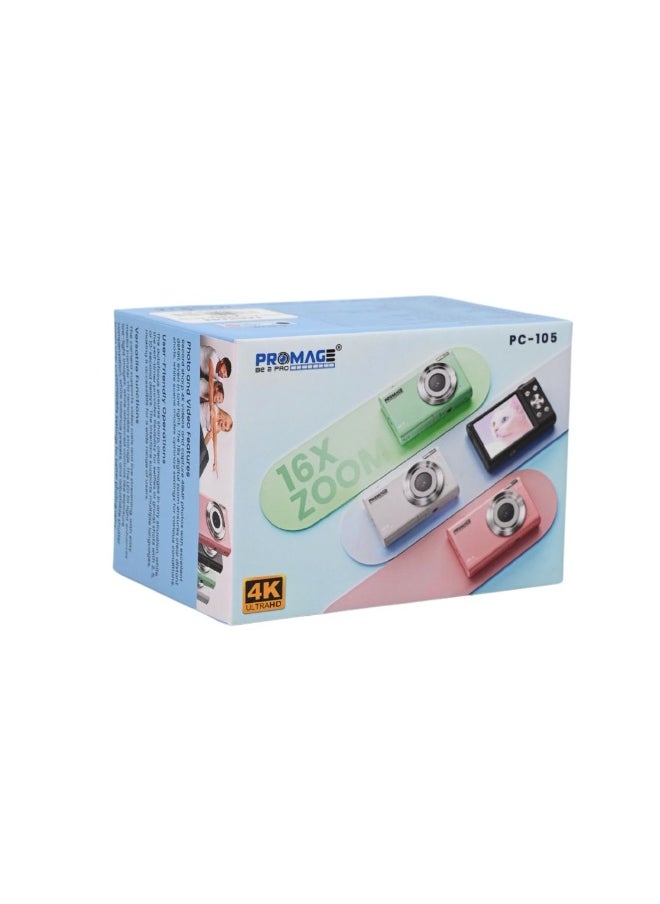 PROMAGE Digital Camera PC105 White - 48MP 4K UHD Vlogging Camera with Auto Focus, Anti-Shake, 16X Digital Zoom & Riva Case 7023 | Compact Point & Shoot Camcorder with Webcam Function & 256GB Support