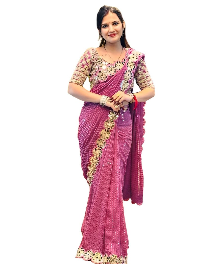SIRIL Women's Georgette Sequence Embroidery Mirror Work Saree with Unstitched Blouse Piece (4215S386AA_Mauve) - Image 5