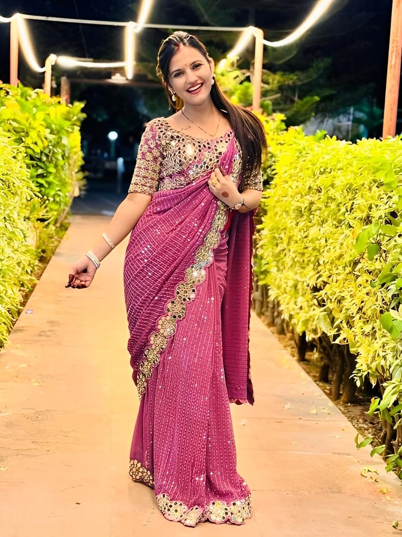 SIRIL Women's Georgette Sequence Embroidery Mirror Work Saree with Unstitched Blouse Piece (4215S386AA_Mauve) - Image 2