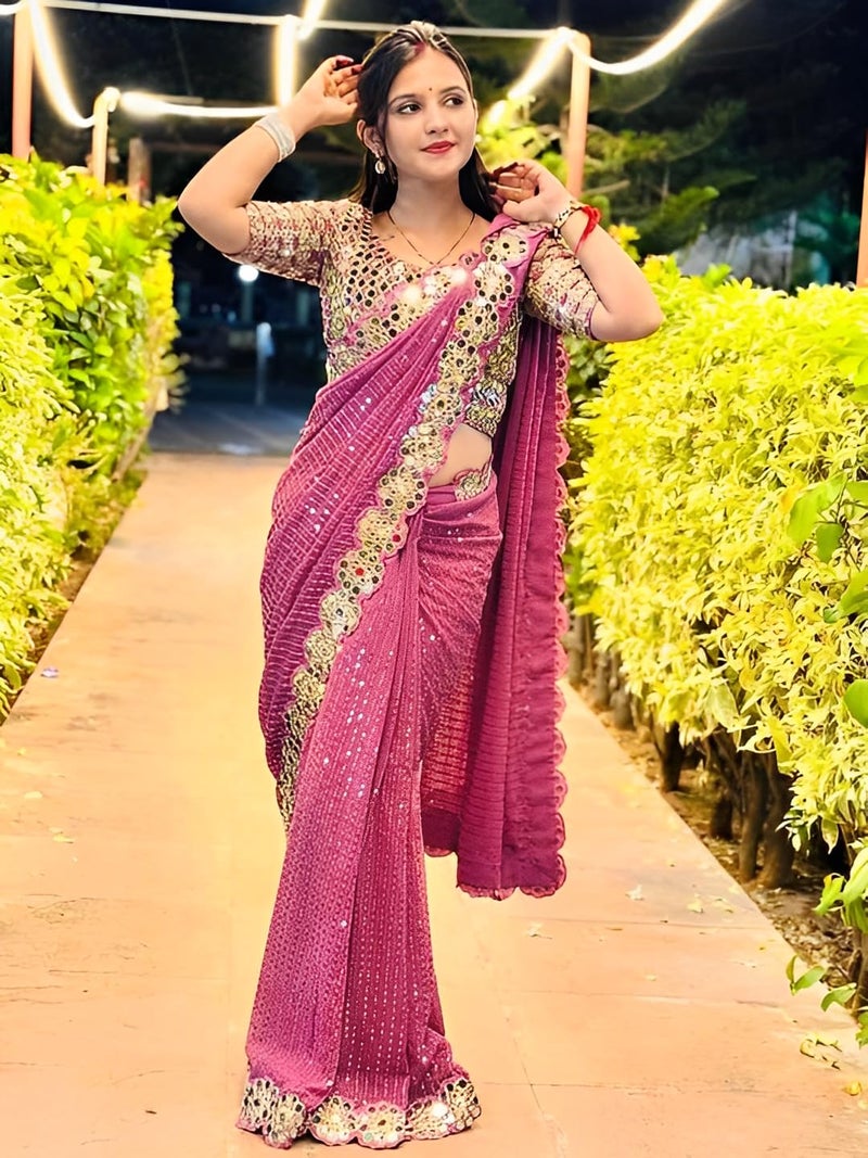 SIRIL Women's Georgette Sequence Embroidery Mirror Work Saree with Unstitched Blouse Piece (4215S386AA_Mauve) - Image 3
