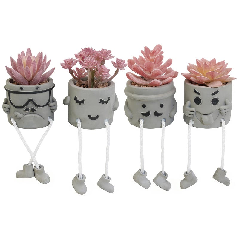 LUZOGA Set of 4 Artificial Potted Mini Succulent Plants - Small Fake Succulents in Hanging Leg Cement Pots, Desk/Bathroom/Bookshelf/Wall Decor for Home Office, Cute Office Decor for Women (Pink) - Image 1
