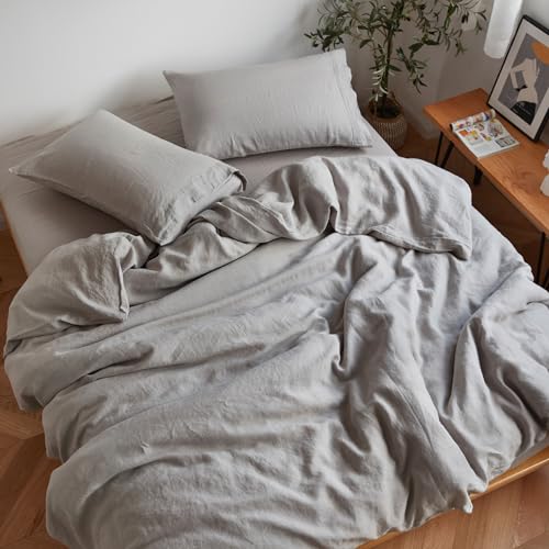 Sijo Stone Washed Organic French Linen Bed Sheet Set GOTS Certified Organic Best Cooling Linen Sheet Award by Sleep Foundation 4 Piece  2 Pillowcases 1 Fitted and 1 Flat Dove Queen