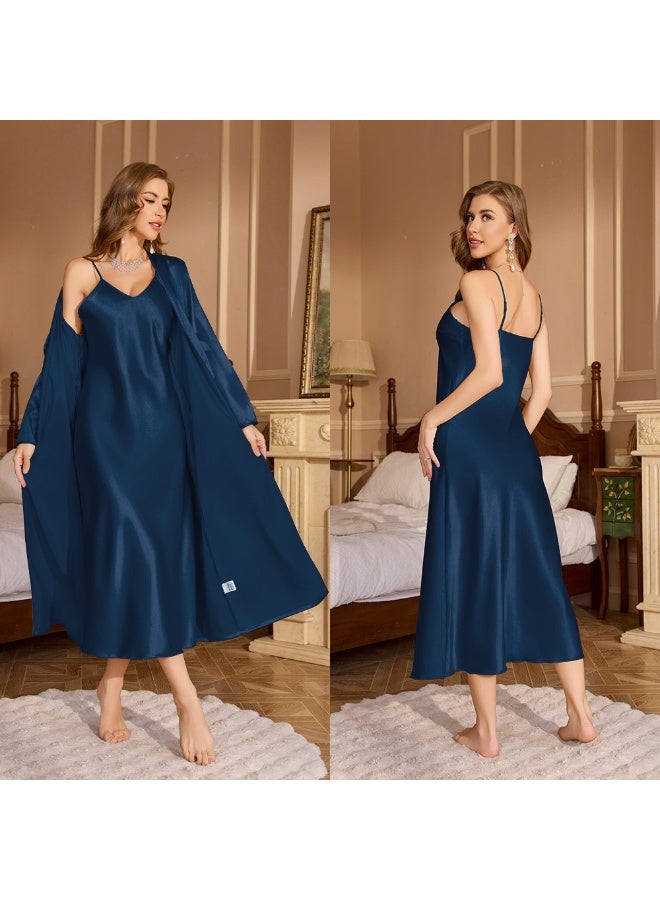 Ice Silk Long Nighty&Robe Set Nightgown Summer  Female Sleepwear Night Dress Loose Kimono Bathrobe Gown Home Wear - Image 1