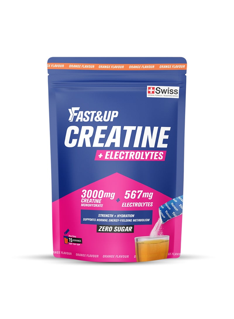 Fast&Up 3000 mg Creatine monohydrate + 567 mg Electrolytes | Zero Sugar | Pouch of 15 stick packs | Orange flavour - Image 1