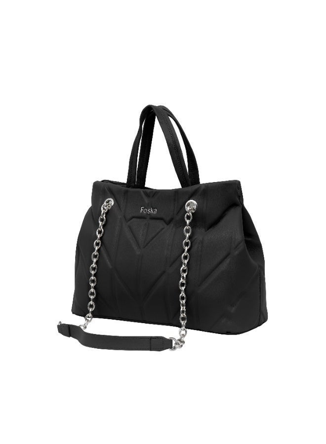 فوسكا شنطة Foska كتف نسائية جلد ناعم – تصميم أنيق بخطوط عمودية لون أسود – مقاس 33x24 سم - Image 2