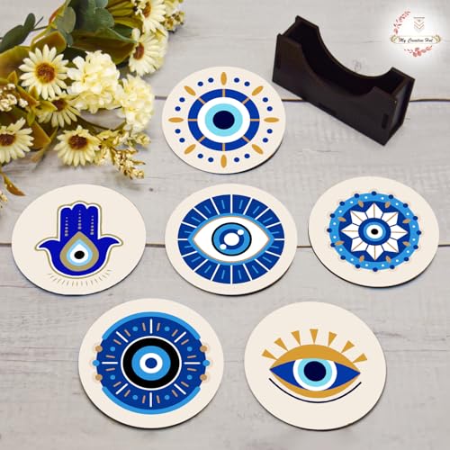 My Creative Hut Tea Coasters Set of 6, Beautiful Design with Stand for Tea Cups, Coffee Mugs, and Glasses, Ideal for Gifting (Evil Eye) - Image 3