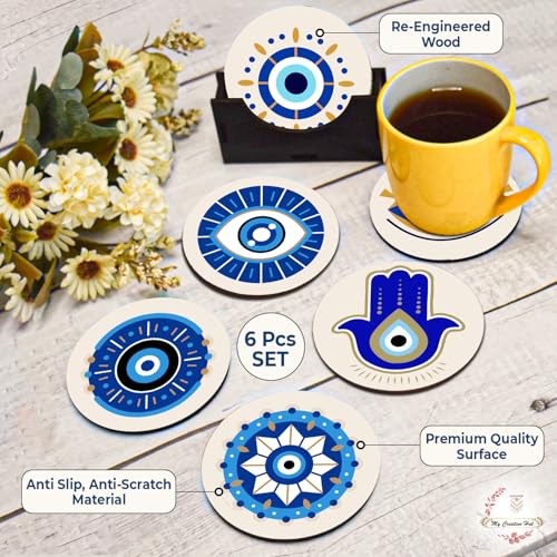 My Creative Hut Tea Coasters Set of 6, Beautiful Design with Stand for Tea Cups, Coffee Mugs, and Glasses, Ideal for Gifting (Evil Eye) - Image 5