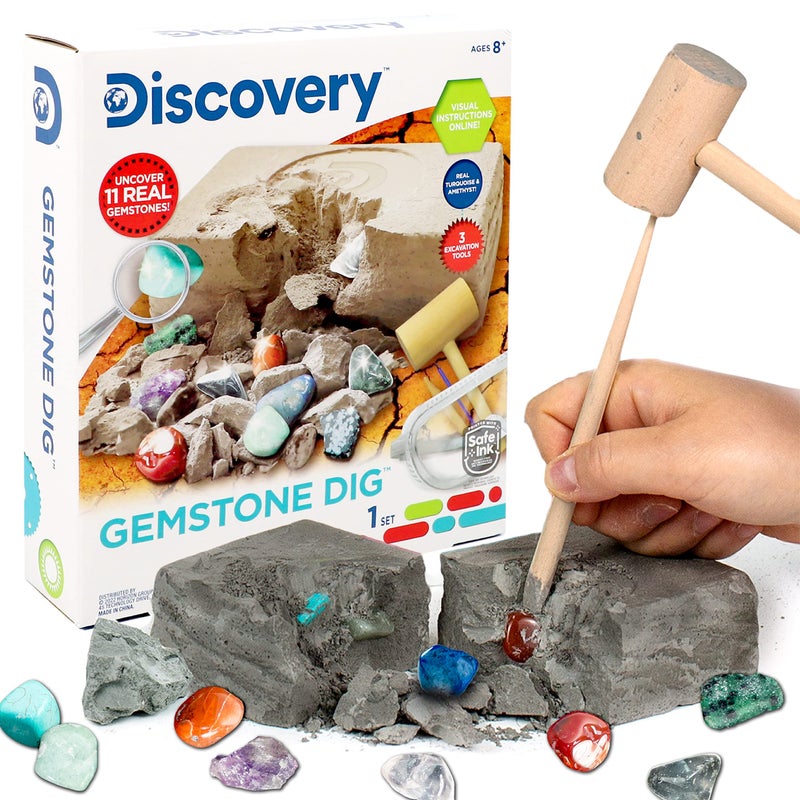 Discovery Kids Gemstone Dig Stem Science Kit by Horizon Group Usa, Excavate, Dig & Reveal 11 Real Gemstones, Includes Goggles, Excavation Tools, Streak Plate, Magnifying Glass & More - Image 1