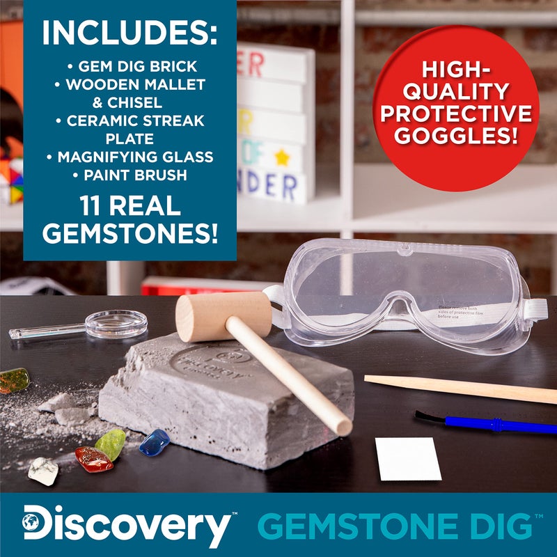 Discovery Kids Gemstone Dig Stem Science Kit by Horizon Group Usa, Excavate, Dig & Reveal 11 Real Gemstones, Includes Goggles, Excavation Tools, Streak Plate, Magnifying Glass & More - Image 5