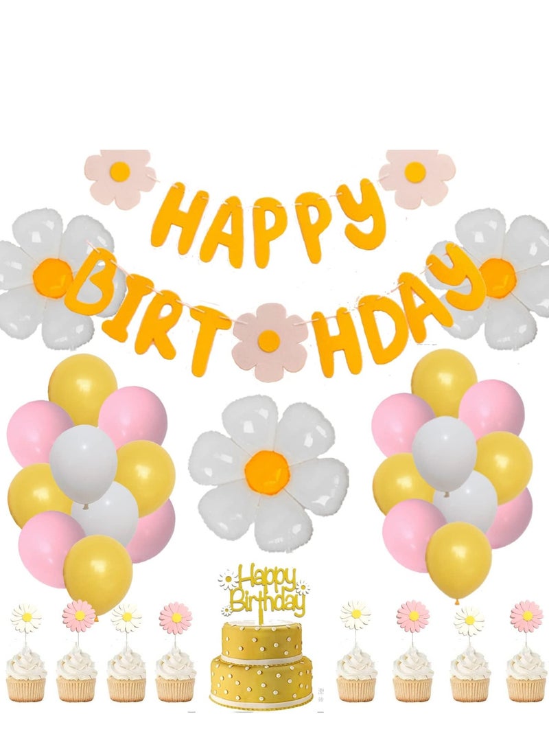 Daisy Flower Birthday Party Decorations Kit, Daisy Happy Birthday Banner,Daisy Flower Cake Topper,Large Daisy Balloons for Daisy Themed Hippie Boho Girl Birthday Party Decorations - Image 1