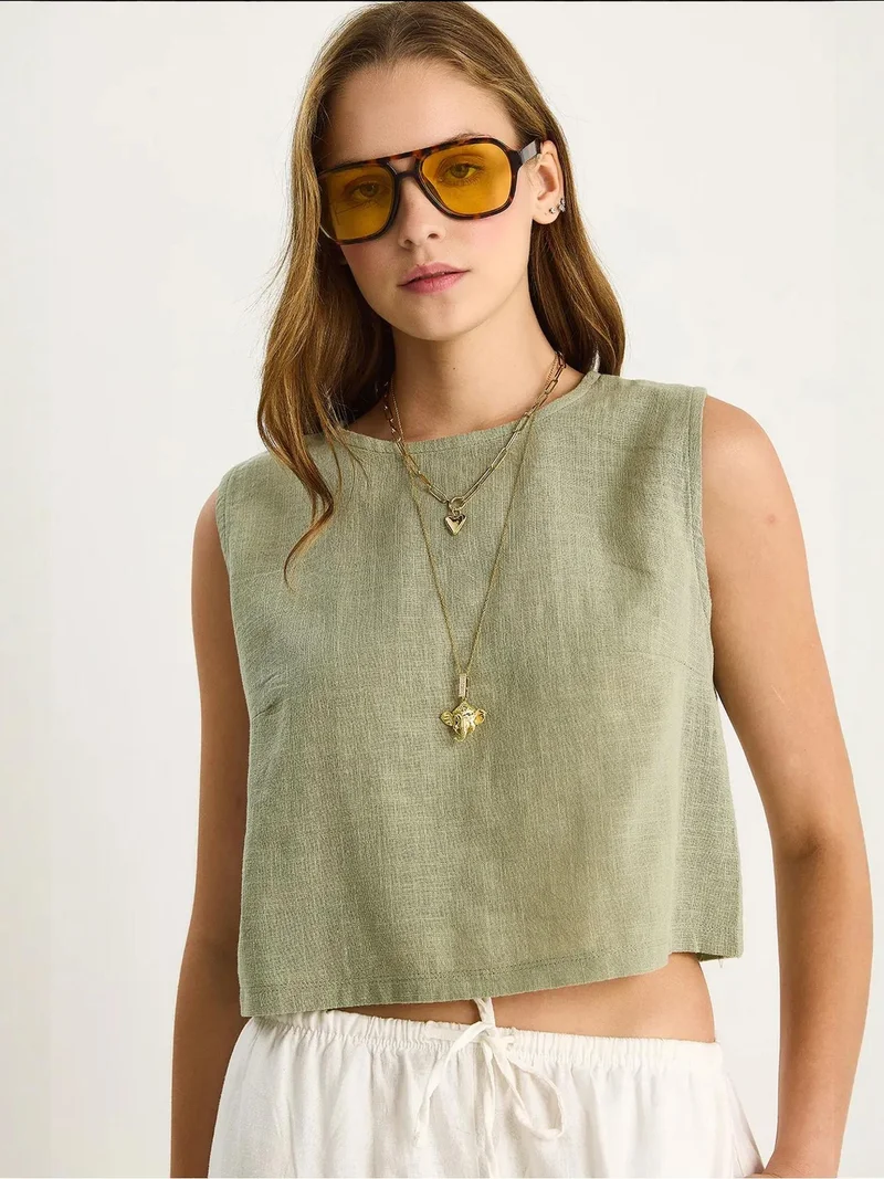 Bianco Lucci Khaki Green LUCCI Linen Blend Cropped Crew Neck Blouse for Women | Best Price UAE