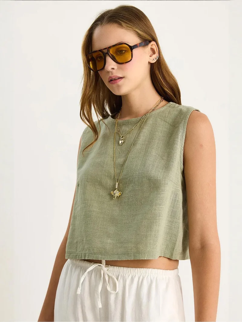 Bianco Lucci Khaki Green LUCCI Linen Blend Cropped Crew Neck Blouse for Women | Best Price UAE