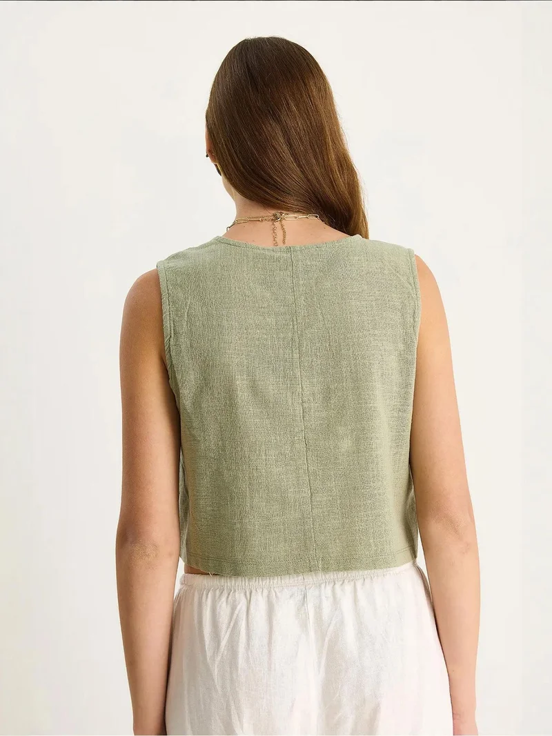 Bianco Lucci Khaki Green LUCCI Linen Blend Cropped Crew Neck Blouse for Women | Best Price UAE