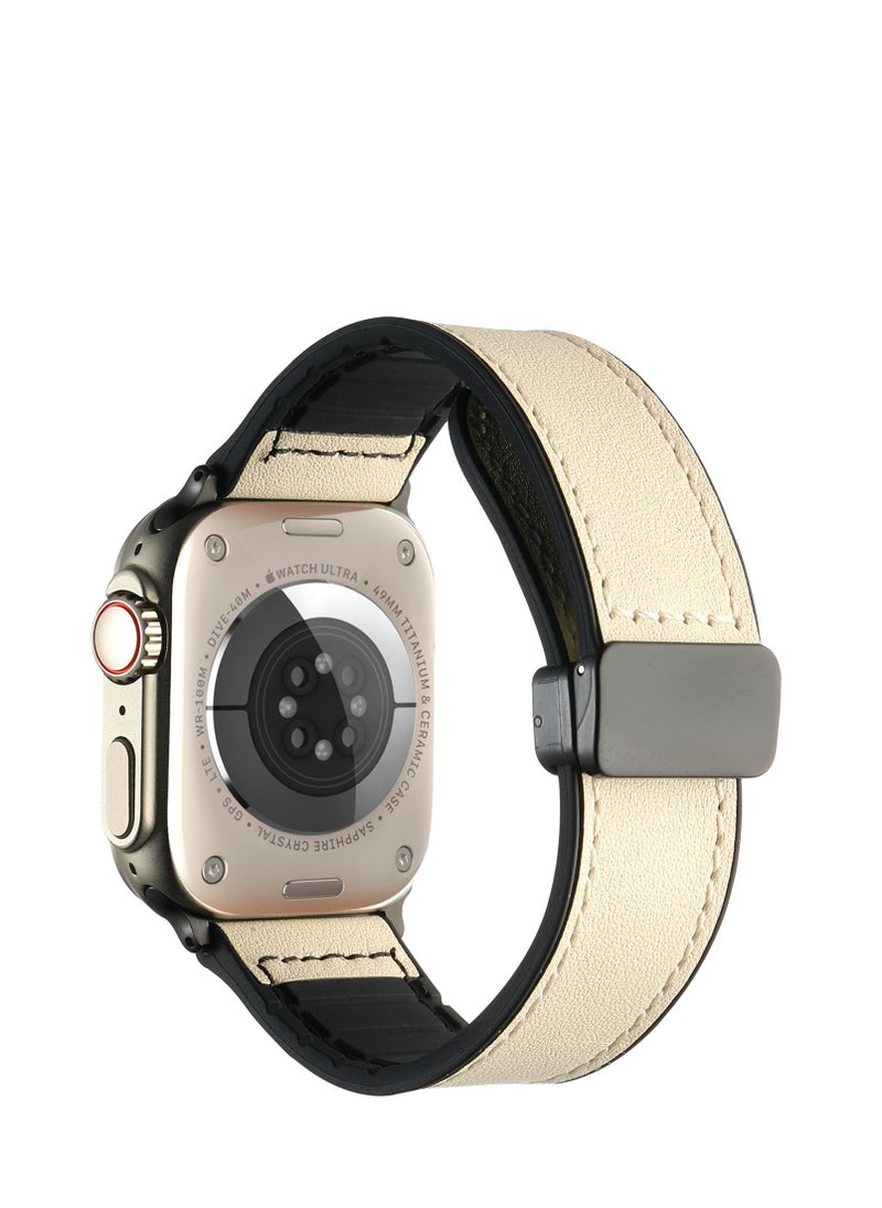 Kiboule - Magnetic Leather Watch Band for Apple Watch Ultra, 49mm 45mm 44mm 42mm, Magnetic Buckle Replacement Genuine Leather Strap for Apple Watch Series, White - Image 1