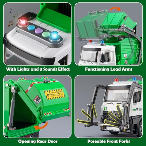 TAKGUD Garbage Truck Toys for Boys, 12" Big Trash Truck with Lights and Sounds, Friction Powered Waste Management Recycling Toy Set with 4 Trash Cans and Sorting Cards, Gift for Kids - Image 3