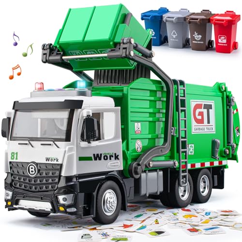 TAKGUD Garbage Truck Toys for Boys, 12" Big Trash Truck with Lights and Sounds, Friction Powered Waste Management Recycling Toy Set with 4 Trash Cans and Sorting Cards, Gift for Kids - Image 1