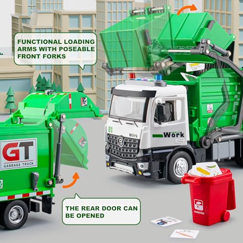 TAKGUD Garbage Truck Toys for Boys, 12" Big Trash Truck with Lights and Sounds, Friction Powered Waste Management Recycling Toy Set with 4 Trash Cans and Sorting Cards, Gift for Kids - Image 5