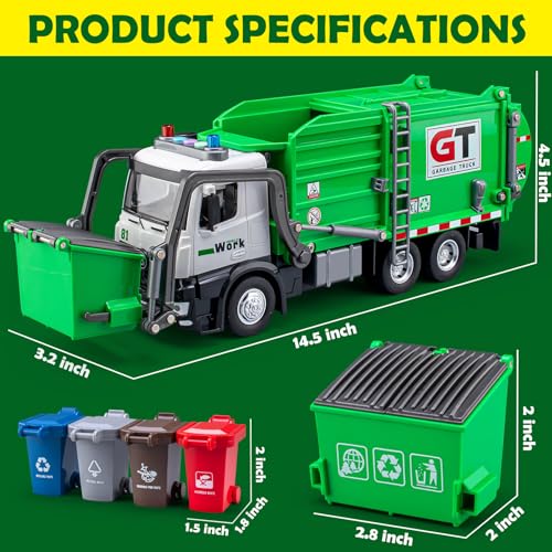 TAKGUD Garbage Truck Toys for Boys, 12" Big Trash Truck with Lights and Sounds, Friction Powered Waste Management Recycling Toy Set with 4 Trash Cans and Sorting Cards, Gift for Kids - Image 4