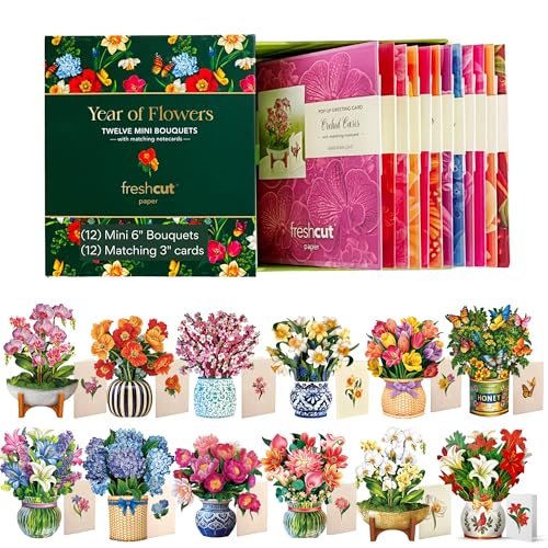 Freshcut Paper Pop-Up Greeting Cards, 6x6 Inch Mini Paper Flower Bouquets, 12 Count Assortment, Multicolor Floral Occasion Cards, Blank Inside, Pop-Up Feature - Image 1