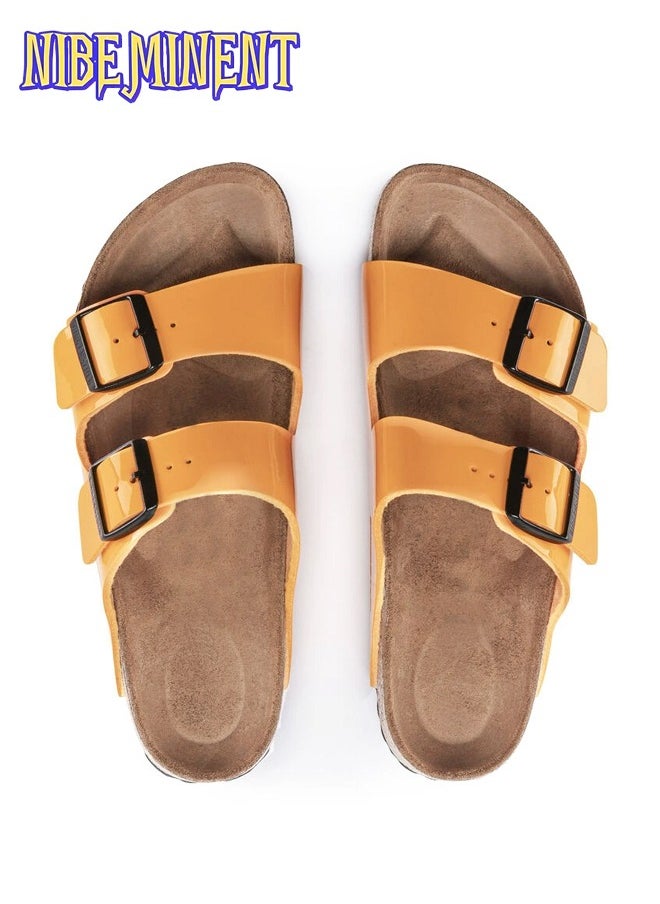NIBEMINENT - Cork Slippers for Men and Women with Double Row Belt Buckle Sandals, Beach Shoes, Haken Shoes Brown/Yellow - Image 1