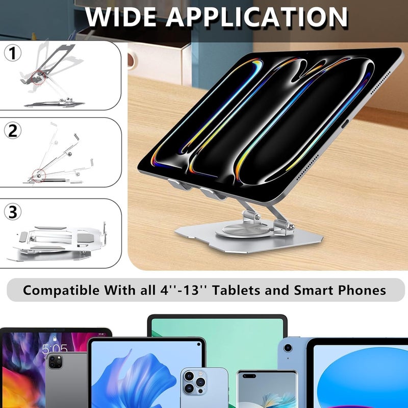 CERLINK حامل لوحي من الألمنيوم مع قاعدة دوارة 360°، تعديلات متعددة الزوايا متوافقة مع آيباد برو 12.9 | 11 | 10.9 | 10.2 | إير | ميني، سامسونج جالاكسي تاب، لينوفو باد - فضي - Image 2