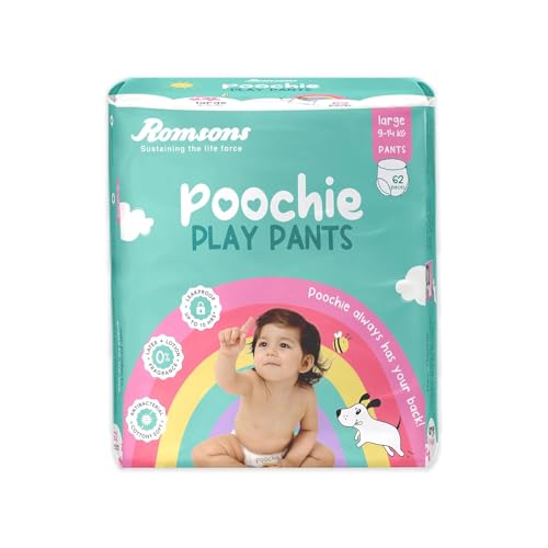 Romsons Poochie Play Pants Baby Diapers - L (62 Pieces) | Suitable for 9-11 KG | 360° Comfort Fit and Leakproof Upto 10 Hrs. - Image 1