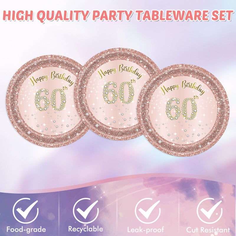 SNIMICS 60th Birthday Decorations For Women,Rose Gold 60 Birthday Disposable Paper Plates and Napkins,60th Birthday Tablecloth Tableware Kit For 1966 Party 60 Years Old Birthday Decorations,20 Guests - Image 4