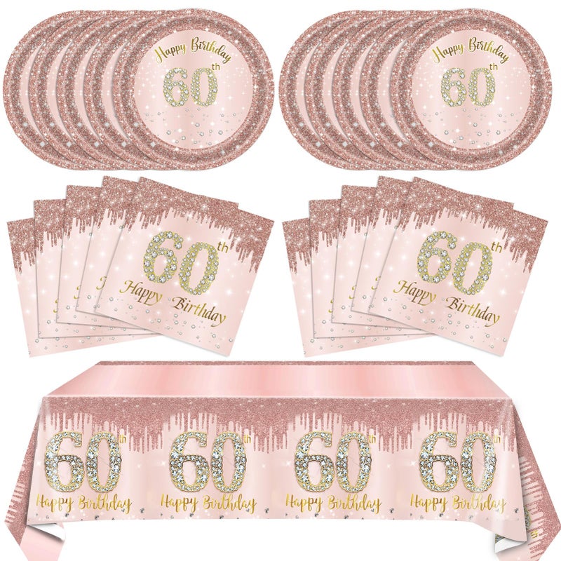 SNIMICS 60th Birthday Decorations For Women,Rose Gold 60 Birthday Disposable Paper Plates and Napkins,60th Birthday Tablecloth Tableware Kit For 1966 Party 60 Years Old Birthday Decorations,20 Guests - Image 1