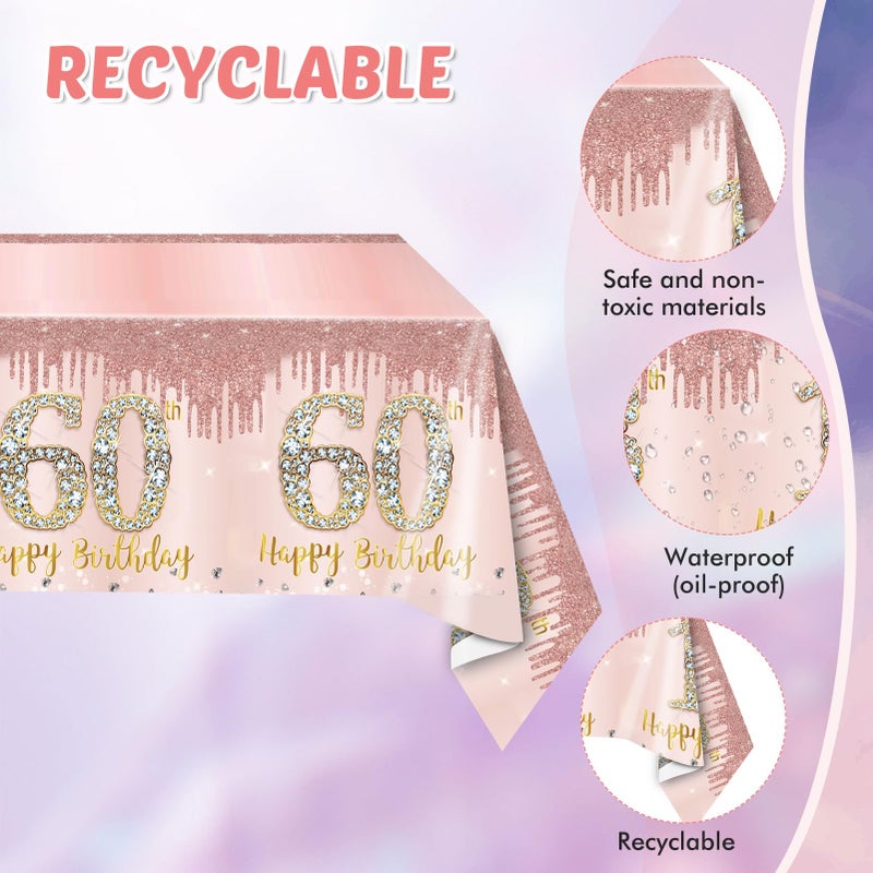 SNIMICS 60th Birthday Decorations For Women,Rose Gold 60 Birthday Disposable Paper Plates and Napkins,60th Birthday Tablecloth Tableware Kit For 1966 Party 60 Years Old Birthday Decorations,20 Guests - Image 3
