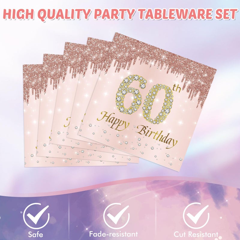 SNIMICS 60th Birthday Decorations For Women,Rose Gold 60 Birthday Disposable Paper Plates and Napkins,60th Birthday Tablecloth Tableware Kit For 1966 Party 60 Years Old Birthday Decorations,20 Guests - Image 5