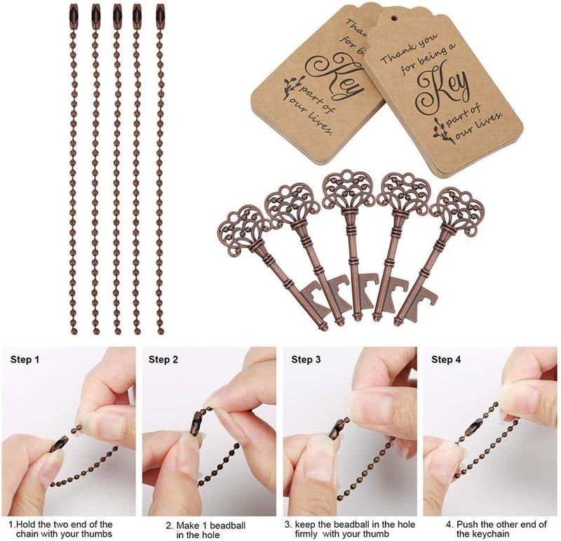 WODEGIFT 100 PCS Wedding Favors/ Party Favors Key Bottle Opener,Vintage Skeleton Key Bottle Openers with Escort Tag Cards and Key Chains(Red Copper) - Image 3